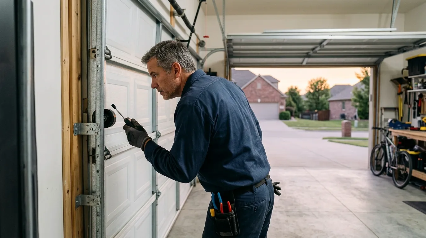 Garage door technician inspecting springs rollers tracks and opener