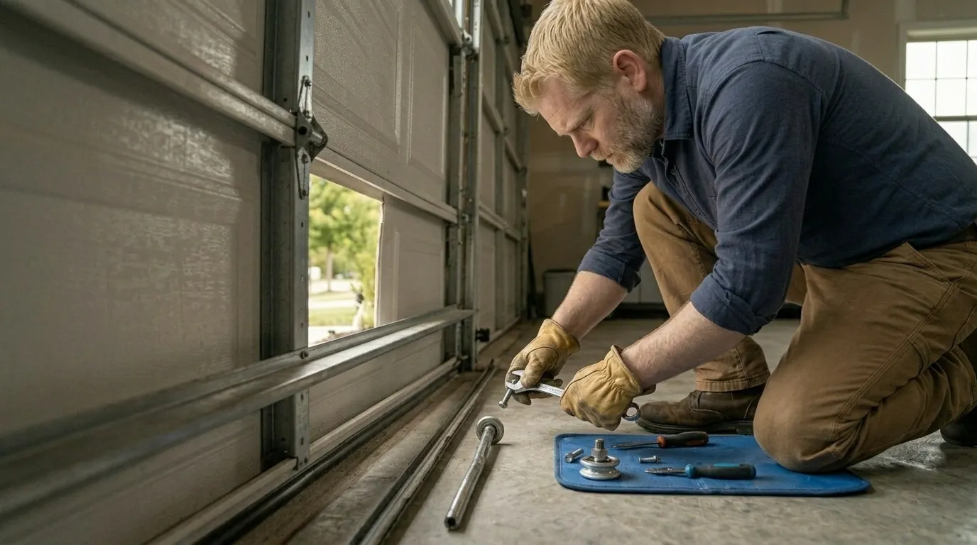 Garage door technician repairing a residential garage door in Renton Washington